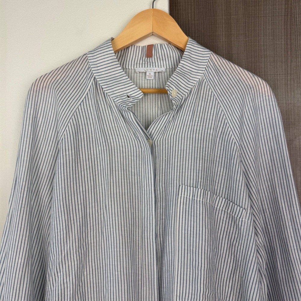 Lunya Blue Striped Resort Linen Silk Shirt Mockneck Button Down Size XL - Picture 4 of 12
